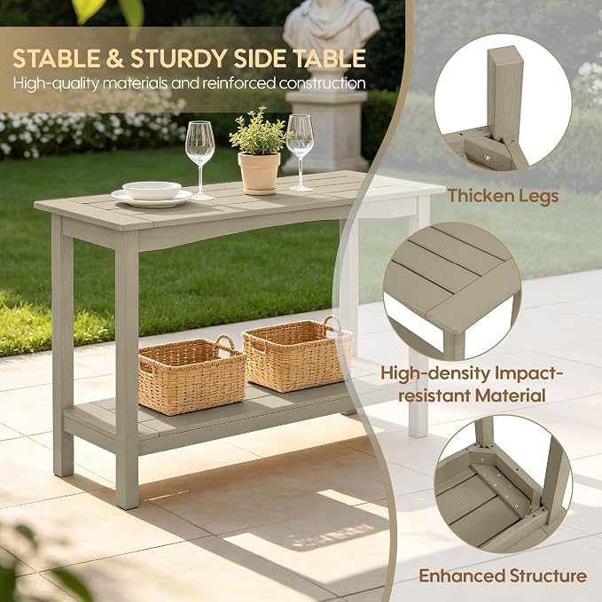 Weatherproof HIPS Outdoor Console Table, 48'' 2-Shelf Side Table Indoor/Outdoor Use, Multifunctional Buffet Table Bar Storage Organizer for Entryway, Patio, Outside Plant Stand Table, Champagne