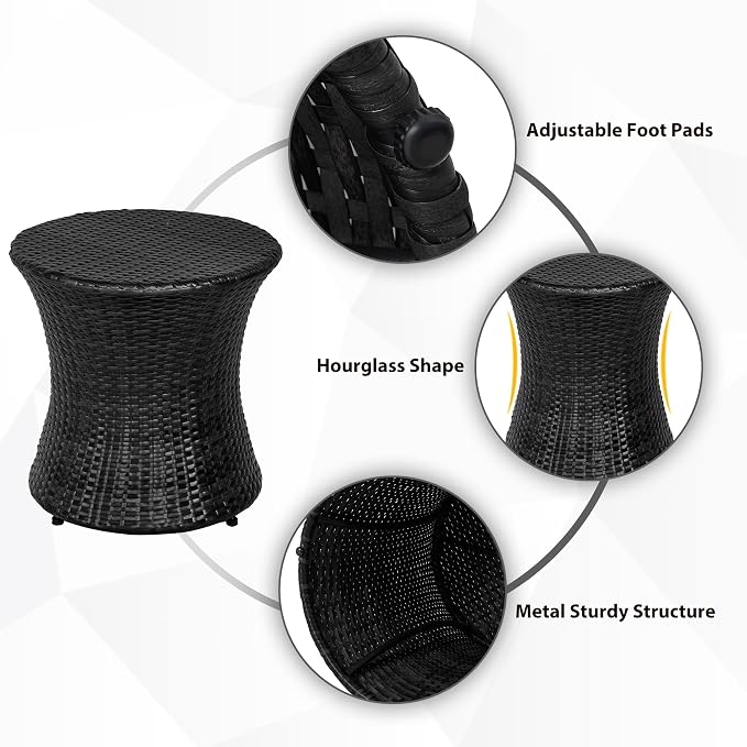Sundale Outdoor Small Side Table Patio Rattan End Table 20 Inch Hourglass Wicker Accent Tables Steel Frame Lightweight Black