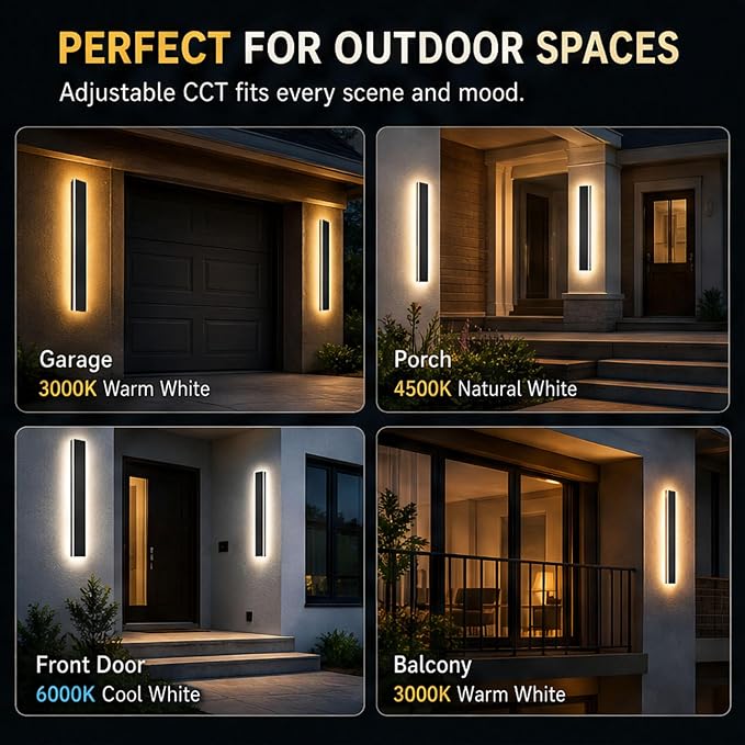 Modern Outdoor Wall Light 2pack 47in, 4.33in Width, Dimmable LED | 4800LM for Garage Front Door Porch, IP65 Waterproof Outdoor Sconce, Cover All Jbox, 3000K-6000K Adjustable, Matte Black