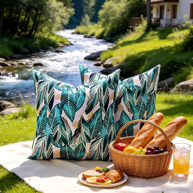 Outdoor Waterproof Pillow Covers Summer Green Tropical Leaf Decorative Throw Pillow Covers Square Accent Couch Covers Garden Cushion Cases 18x18 Inch Set of 2 for Patio Tent Balcony Furniture Sofa