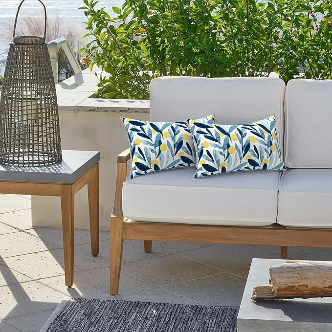 LVTXIII Set of 2 Outdoor Lumbar Pillows for Patio Furniture with White Piping, 12"x20" Fade Resistant Patio Lumbar Pillows with Inserts for Home Coach Sofa Use, Leaves Multi