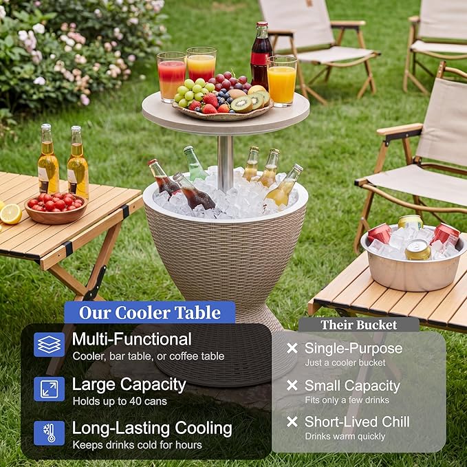 EFU Cooler Table, 8 Gallon Cooler Bar Table, Adjustable Height Multi-Functional Outdoor Cool Bar for Drinks Beer & Wine, with Drain Plug, Patio Furniture for Backyard, Pool, BBQ & Party (Light Brown)
