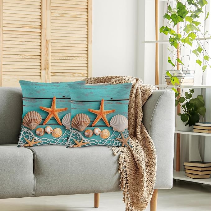 Swono Marine Throw Pillow Cases, Fishing Net Seashells Starfish Set of 2 Decorative Throw Pillow Cover Turquoise Blue Wood Square Pillow Cushion Case Home Decor for Sofa Couch Bed Car 18x18 Inch