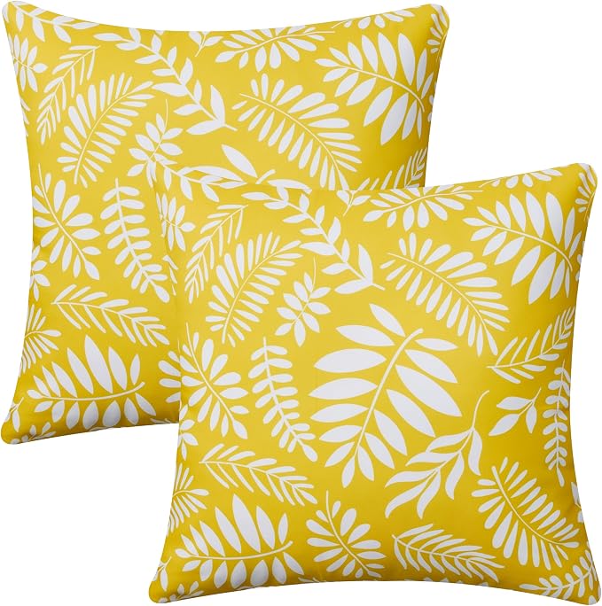 Allorry Outdoor Pillow Covers 20x20 Set of 2 Tropics Palm Leaves Yellow Floral Pattern Decoration Pillow Covers for Spring Summer Outdoor Waterproof Garden Patio Sofa Bedroom Home Decor JB009-A20
