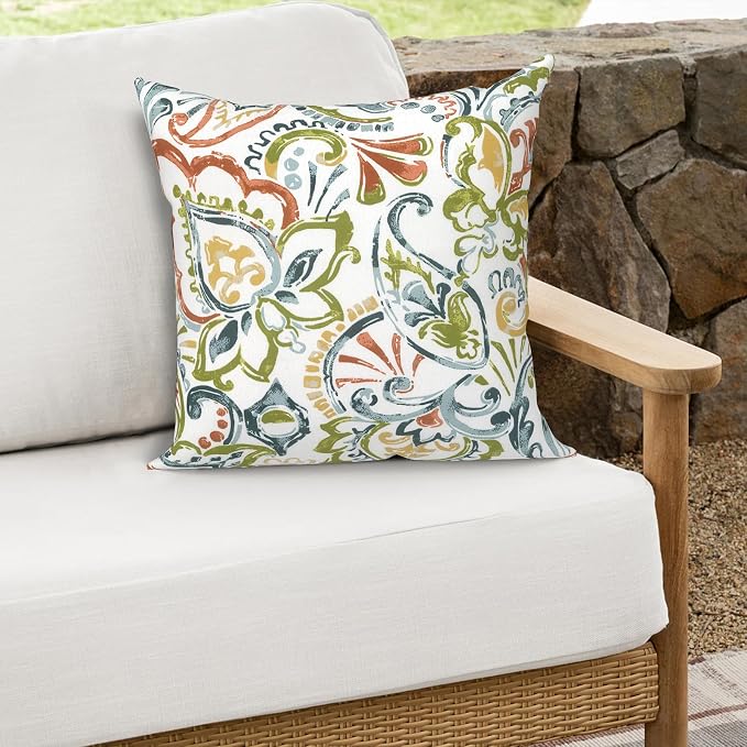 Outdoor Throw Pillows 16x16 Inch, Water Repellent Patio Pillows with Inners Set of 2 for Patio Furniture Home Graden, Paisley Botanical