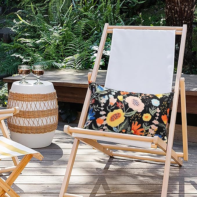 Pack of 2 Waterproof Outdoor Throw Pillows Cover 12x20 Inch Colorful Floral Decorative Farmhouse Rectangle Pillowcases Outdoor Lumbar Pillows for Patio Furniture Garden,Black Flower