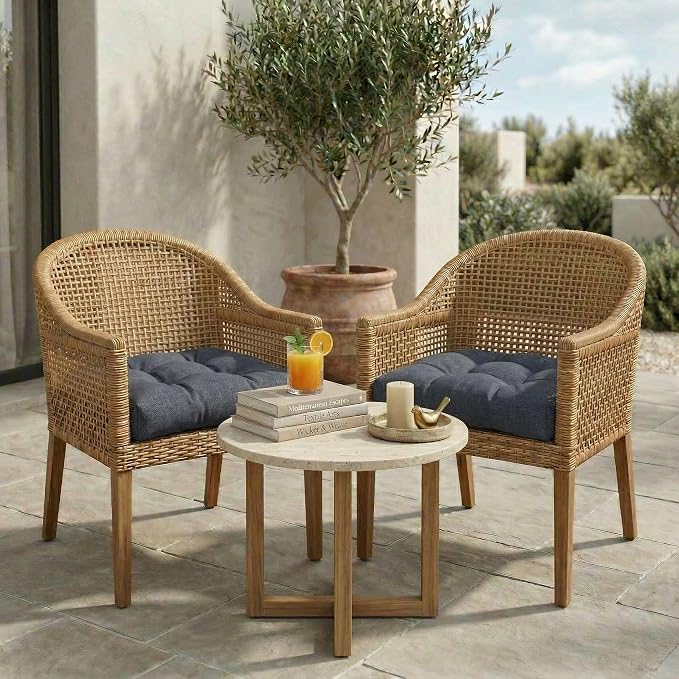 RSH DECOR: Sunbrella Tufted Wicker U-Shape Cushions Set of 2 | 19” x 19” | Outdoor Seat Cushions for Patio Furniture| Crafted with Sunbrella Performance Fabric | Made in USA (Sancy Denim)