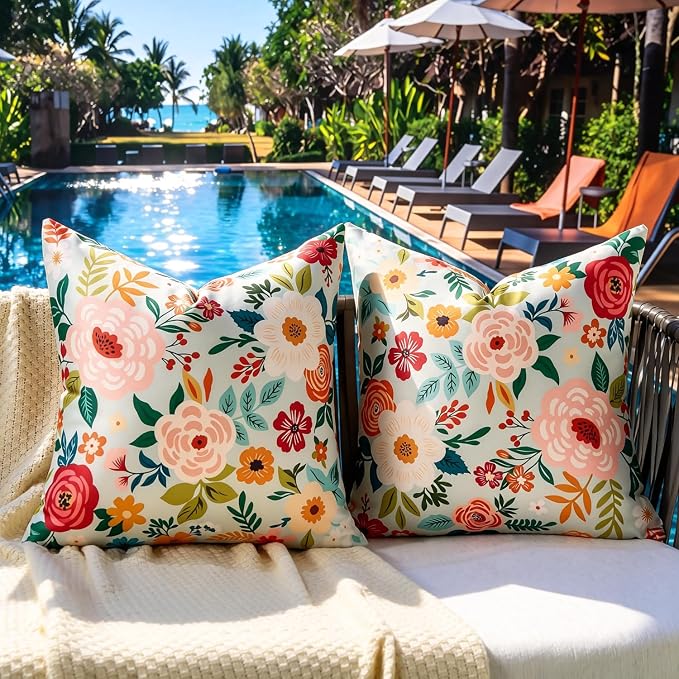 Outdoor Waterproof Floral Throw Pillow Covers Summer Decorative Pillow Covers Green Accent Square Couch Covers Garden Farmhouse Cushion Cases 16x16 Inch Set of 2 for Patio Tent Balcony Furniture Sofa
