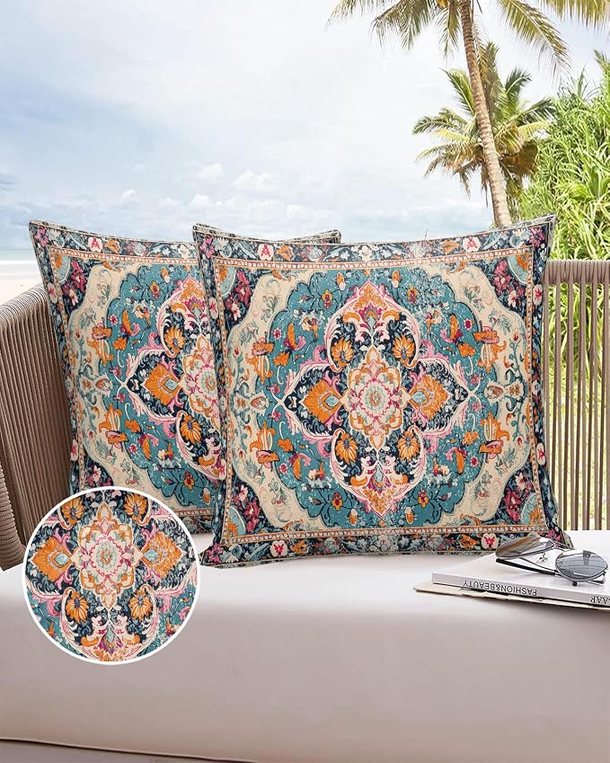 Outdoor Waterproof Pillow Covers Set of 2, Meddle Century Vintage Floral Mural Pattern Patio Throw Pillow Covers, Decorative Cushion Case for Couch Sofa Furniture Garden, 16x16 Inch