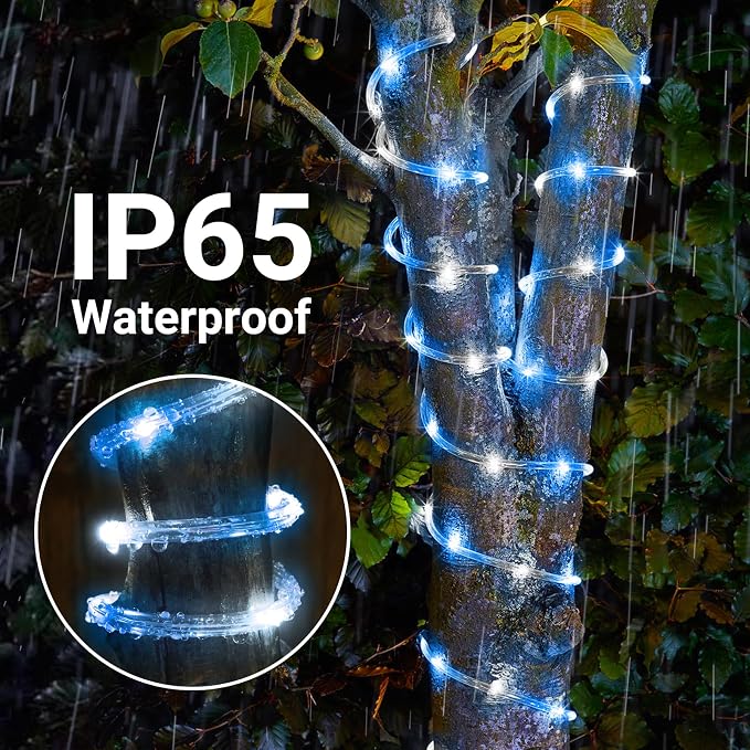 Solar Rope Lights, 33ft 100LED Solar String Lights, 8 Modes Waterproof Solar Outdoor Light, Flexible Clear Trampoline Light for Garden Backyard Patio Deck Porch Pool Tree Decoration - White & Blue