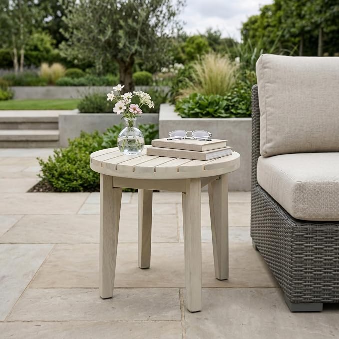 Christopher Knight Home Parker Acacia Wood Outdoor Coffee Table, Small Side Table for Patio Furniture Set, Solid Wood Round End Table for Patio/Deck/Garden, Light White