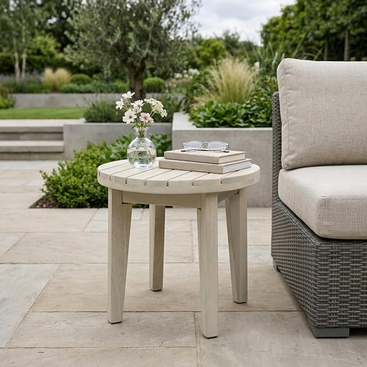 Christopher Knight Home Parker Acacia Wood Outdoor Coffee Table, Small Side Table for Patio Furniture Set, Solid Wood Round End Table for Patio/Deck/Garden, Light White