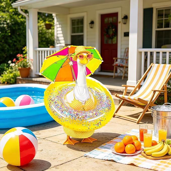 Hawaiian Porch Goose Outfits, 23 Inch Bikini Lawn Goose Summer Outfit with Swimsuit Float Ring Sunglasses Pearl Necklace Umbrella, Yellow Polka Dot Goose Clothes for Outdoor Garden