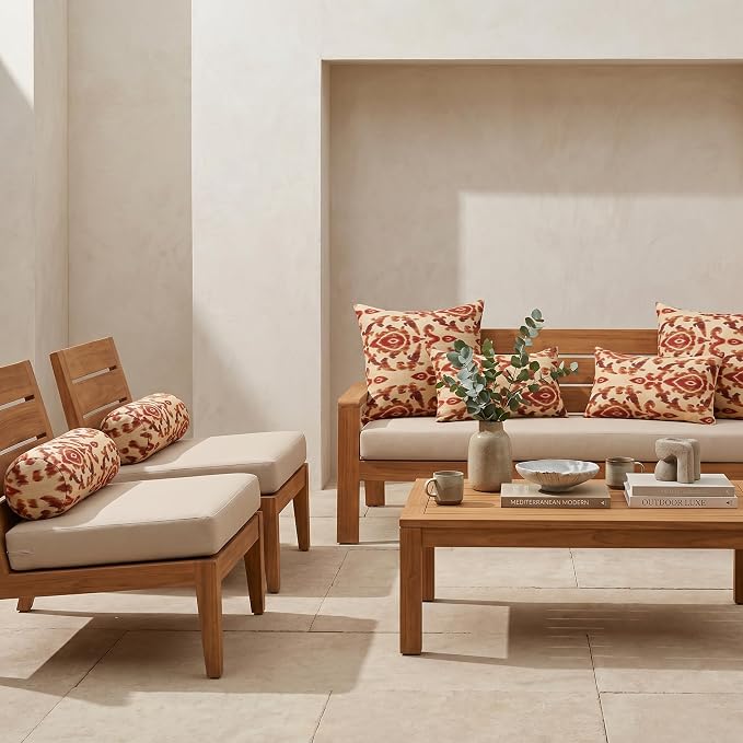 RSH DECOR: 6-Pack Pillow Set | Sunbrella Performance Fabric |Water & Fade-Resistant| 17" Square, 20"x12" Lumbar, 20"x6" Neck Roll | Outdoor Pillows for Patio Furniture | Made in USA (Bukhara Russet)