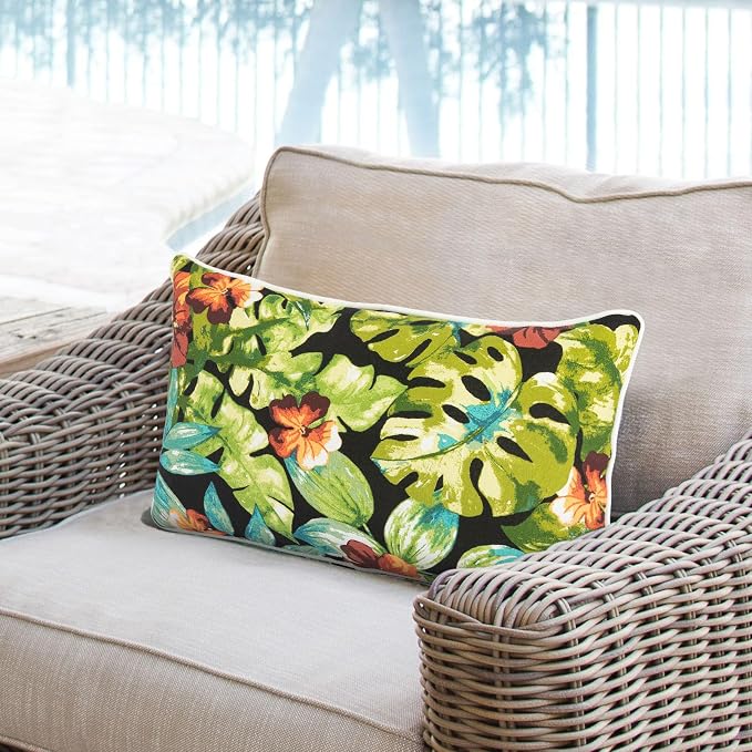 Lumbar Pillow with Insert, Set of 2, Outdoor Indoor Waterproof Decorative Patio Lumbar Pillow 12x20 Inch, Rectangular Cushion for Couch Sofa Garden Farmhouse Decoration-Tropical Green Leaves