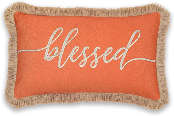Hofdeco Premium Fall Coastal Patio Indoor Outdoor Lumbar Pillow Cover Only, 12"x20" Water Repellent for Backyard, Couch, Rust Orange Embroidered Blessed with Fringed Trim