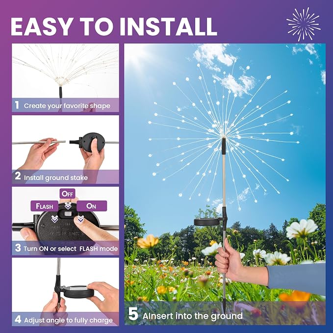 PEVOROS Solar Firework Fairy Garden Lights Outdoor, Colorful, 4 Pack | 120 LEDs, Waterproof, Fairy Garden Decor, Auto On/Off, Solar Powered, for Yard, Patio, Porch, Flower Pot, Pathway