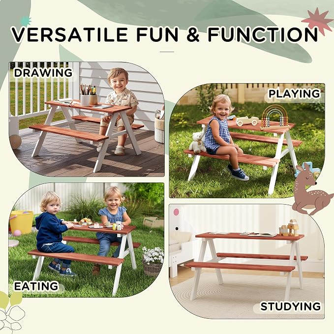 Outsunny Kids Picnic Table Set, Wooden Table & Bench Set, Kids Patio Furniture Outdoor Toys for Garden, Backyard, Aged 3-8 Years Old, Brown