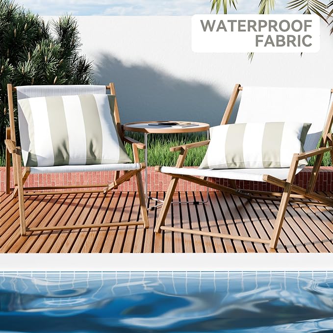 Pack of 2 Outdoor Waterproof Striped Pillow Covers Decorative Throw Covers | 18x18, Beige Grey,Garden Cushion Covers, Farmhouse Pillowcases for Couch Sofa Patio Tent Balcony