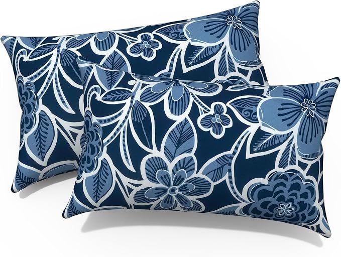 Outdoor Lumbar Pillows, Water Repellent Cushion Pillows 12x20 Inch, Outdoor Pillows with Inserts for Home Garden, Pack of 2, Flower Navy