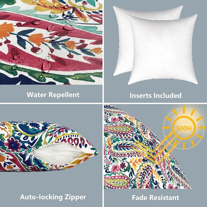 LVTXIII Outdoor Throw Pillows, Decorative Throw Pillows with Inserts, 16"x16" Square Pillows for Bed, Couch, Sofa and Patio Furniture, Set of 2, Vigour Paisley