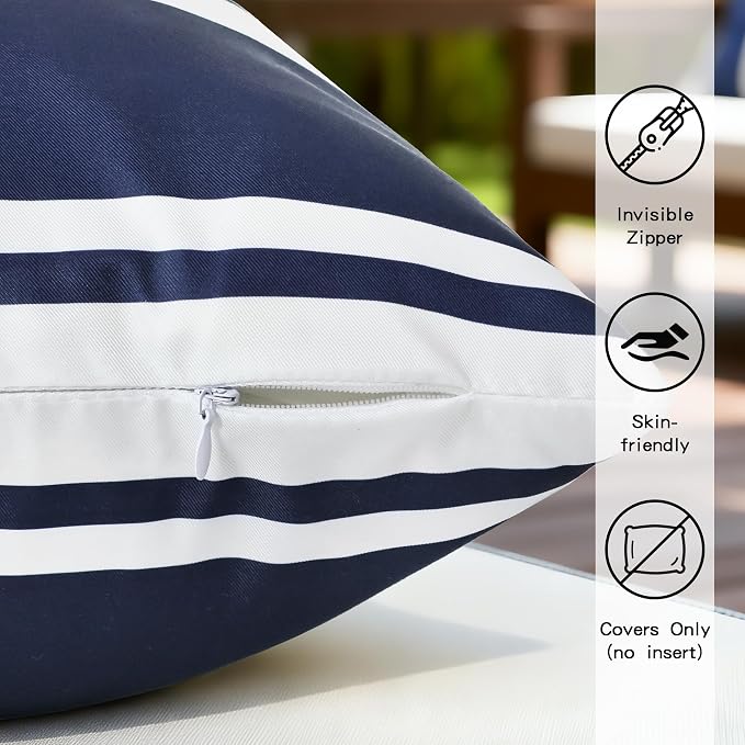 4 Pack Outdoor Waterproof Throw Pillow Covers 18x18 Inch | Striped Deep Blue Decorative Pillow Cover, Modern Outdoor Cushion Cases for Garden Patio Balcony Bench Couch Sofa