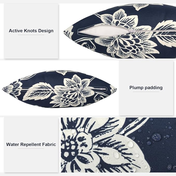 Outdoor Throw Pillows 16x16 Inch, Water Repellent Patio Pillows with Inners Set of 2 for Patio Furniture Home Graden, Elegant Vines Navy