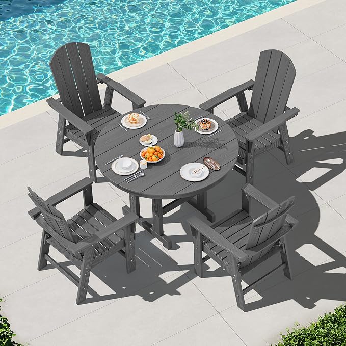 SERWALL 6-Piece Patio Dining Sets with Umbrella, HDPE Outdoor Table and Chairs Furniture Set, 45" Round Dining Table & 4 Adirondack Dining Chairs & 1 9FT Umbrella, Grey(Not Include Umbrella Base)