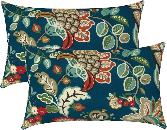 LVTXIII Outdoor Lumbar Pillow Covers Only Set of 2 Patio Decorative Pillow Cases, Water Repellent Lumbar Cushion Cases for Sofa, Patio Couch Garden Use, 12x20 Inch, Peacock Blue