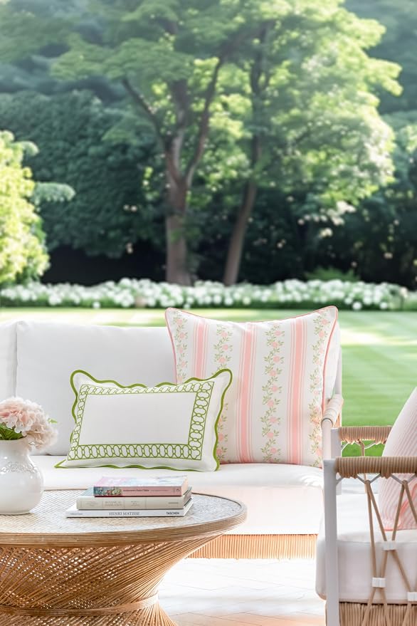 Hofdeco Premium Coastal Patio Indoor Outdoor Throw Pillow Cover Only, 20"x20" Water Repellent for Backyard, Couch, Blush Pink Print Stripe Floral