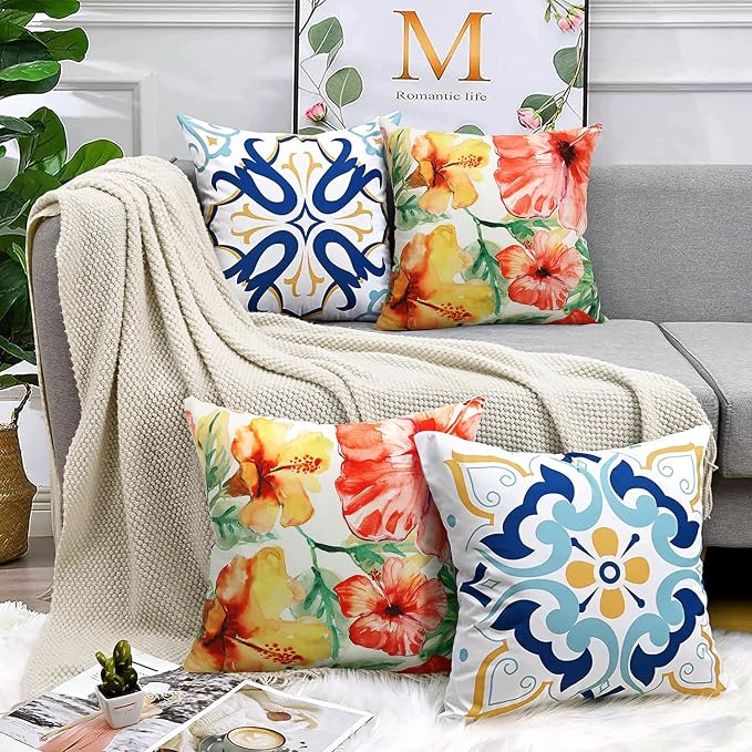 Pyonic Outdoor Pillow Covers Pack of 2 Red Yellow Floral Waterproof Throw Pillow Covers 18X18 inch Outdoor Pillows for Patio Furniture Garden Square Outside Waterproof Pillow