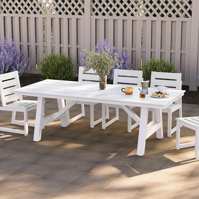 Costaelm Rectangle Patio Table, 8-Person Backyard Table 90" HDPE Dining Table with Umbrella Hole and Metal Frame for Outside, Garden, Poolside, Deck, Porch, Balcony, White