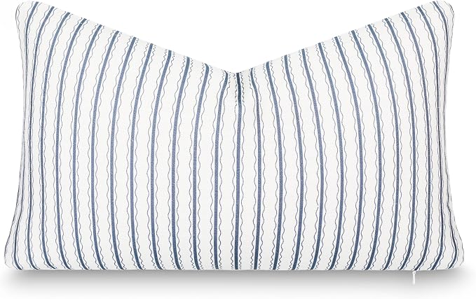 California Casual Coastal Indoor Outdoor Lumbar Pillow Cover, 12"x20" Water Repellent for Patio, Backyard, Couch, Poolside, Azure Blue Print Wave Stripes