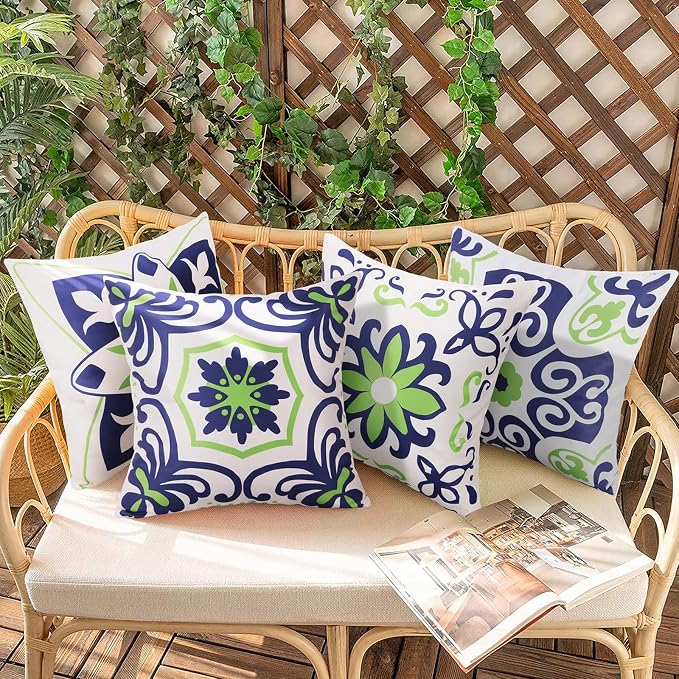 Pyonic Waterproof Outdoor Pillow Covers 20x20 inch | Floral Printed Farmhouse Boho Outdoor Decorative Pillowcase for Patio Funiture Garden, Navy Blue and Green