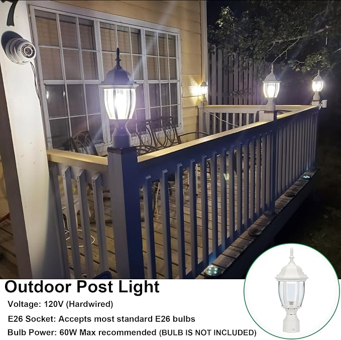 Outdoor Post Light, Rustproof Aluminum Pole Lamp, White | Exterior Lamp Post Light Fixture for Garden, Yard, Pathway, Waterproof, Glass, E26 Base, Max 60W, 1 Pack