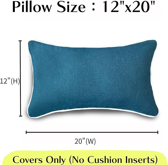 HER HWA Outdoor Lumbar Pillow Covers 20"x12" Set of 2, Lake Blue | durable fade-resistant water-resistant 100% polyester white piping smooth zipper machine washable for indoor outdoor décor