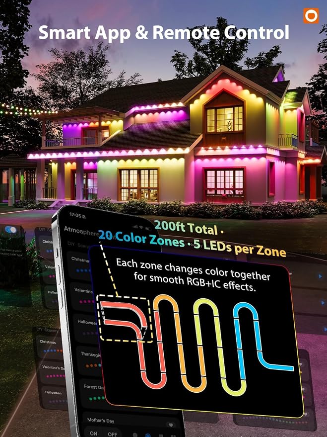 addlon Permanent Outdoor Lights, Smart RGB+IC LED Lights for House Outdoor | App & Remote Control, Scene Modes, IP67 Waterproof for Christmas, Holiday, Valentine's Day Decorations, 200FT