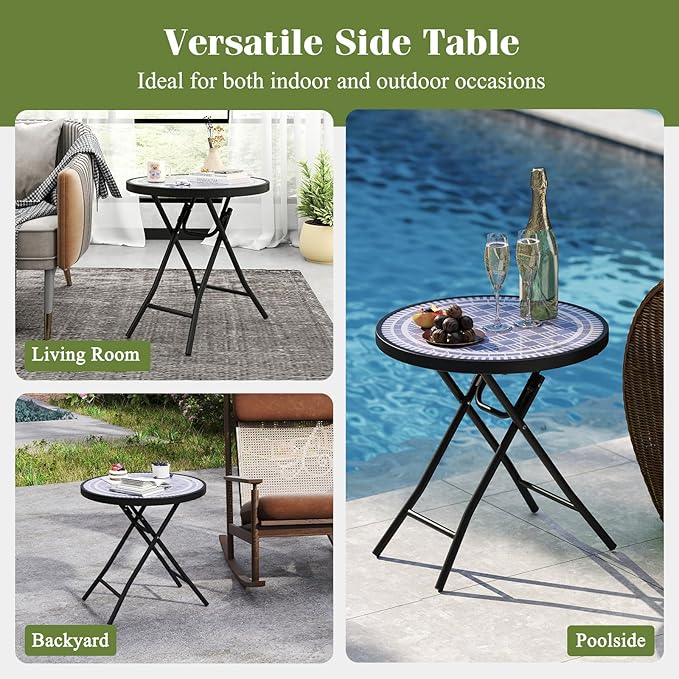 Giantex Set of 2 Folding Outdoor Side Table, 18” Round End Table with Tempered Glass Tabletop & Metal Frame, Portable Sofa Side Table, Patio Coffee Table for Yard Porch Poolside Living Room, Grey