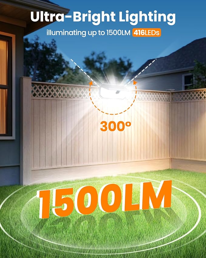 LUHLEE 416 LEDs Clip On Solar Lights Outdoor, 1500LM & 300° Angle Bright Motion Sensor Outdoor Lights with 3 Lighting Modes, IP65 Waterproof Flood Solar Light for Fence, Patio, Backyard, Gutter 1Pack