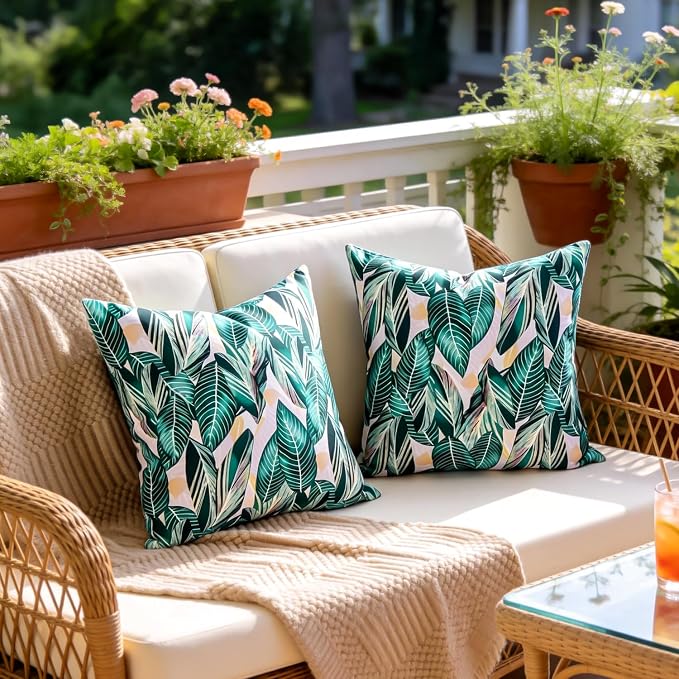Outdoor Waterproof Pillow Covers Summer Green Tropical Leaf Decorative Throw Pillow Covers Square Accent Couch Covers Garden Cushion Cases 18x18 Inch Set of 2 for Patio Tent Balcony Furniture Sofa