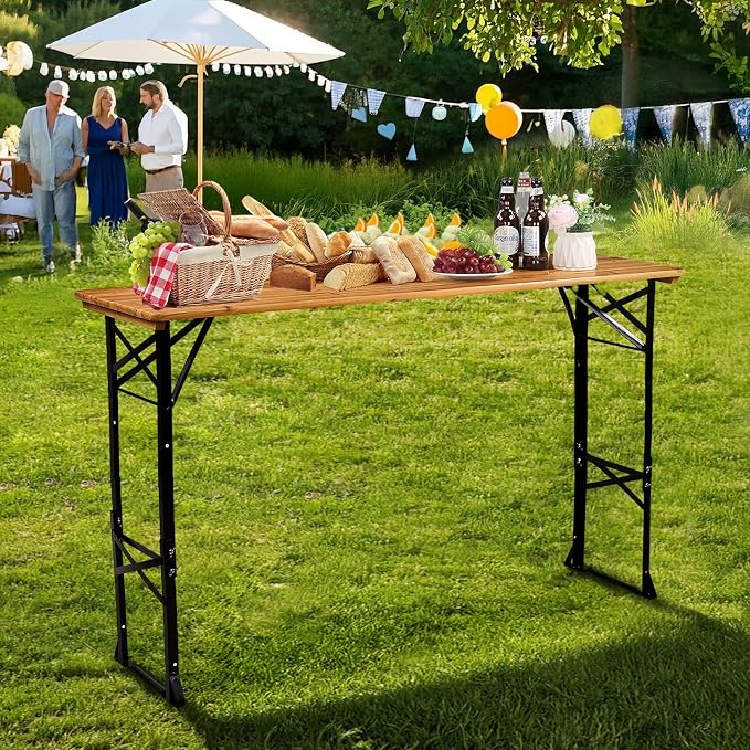 VINGLI 67 Inch Wooden Folding Picnic Table, Picnic Beer Table with Umbrella Hole, Adjustable Heights (29.5" Sitting & 41.5" Standing) – Perfect for Picnics, BBQs, Parties, Bars, and Camping