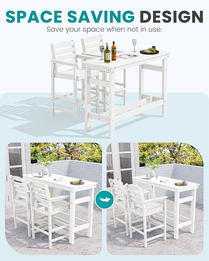 SERWALL Outdoor Bar Set - 2 Adirondack Bar Chairs & Bar Height Table with 1.6" Umbrella Hole, All-Weather HDPE Patio Furniture for Poolside, Backyard, Garden - White