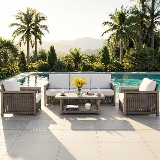4 Pieces Patio Furniture Set, Outdoor Patio Couch Sofa with Coffee Table, Rope Weave & Aluminum Frame, All-Weather Garden Outdoor Contemporary Sofa with Cushion for Porch Yard Deck, Gray Oak