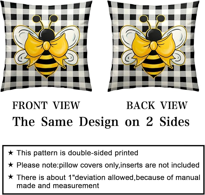 2 Pack Bee Themed Decor Pillow Covers 22x22 Black and White Plaid Throw Pillow Covers Spring Summer Pillowcase Soft Touch Cotton Blend Farmhouse Decor for Indoor Sofa Bed