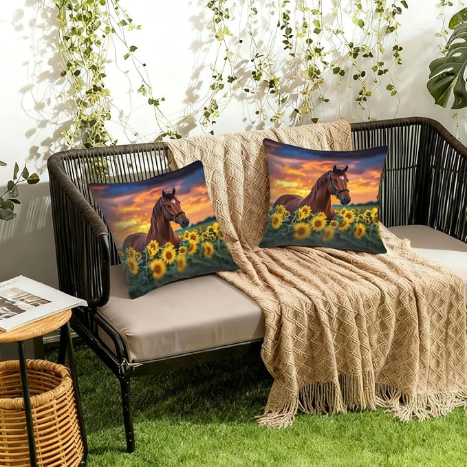 16x16 Inch Outdoor Pillow Covers Set of 2 Waterproof Throw Pillow Covers Decorative Couch Cushion Covers Brown Horse Sunflower Square Pillowcases Protectors for Patio Garden Sofa