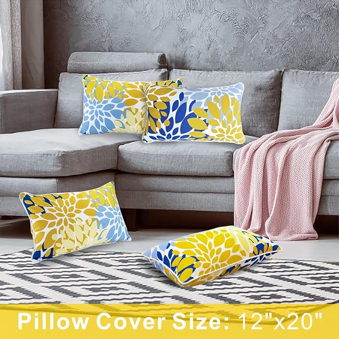JMGBird Yellow Outdoor Pillows Waterproof 12x20 Throw Pillows with Inserts | Blue & Yellow Pattern UV Fade Resistant Patio Cushions
