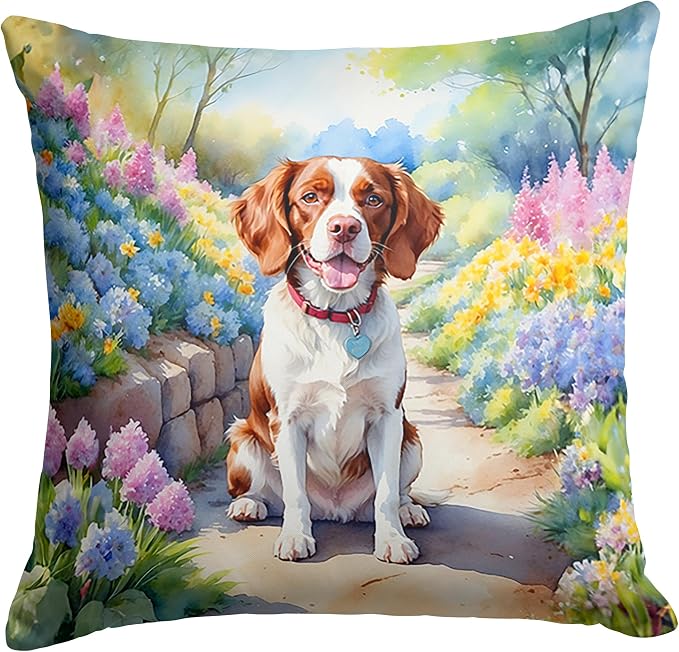 Caroline's Treasures Brittany Spaniel Spring Path Throw Pillow Machine Washable, Indoor Outdoor Decorative Pillow for Couch, Bed or Patio, 14Hx14W