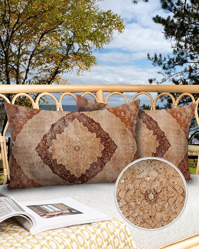 Outdoor Waterproof Pillow Covers Set of 2, Meddle Century Vintage Carpet Mural Pattern Brown Patio Throw Pillow Covers, Decorative Cushion Case for Couch Sofa Furniture Garden, 20x12 Inch