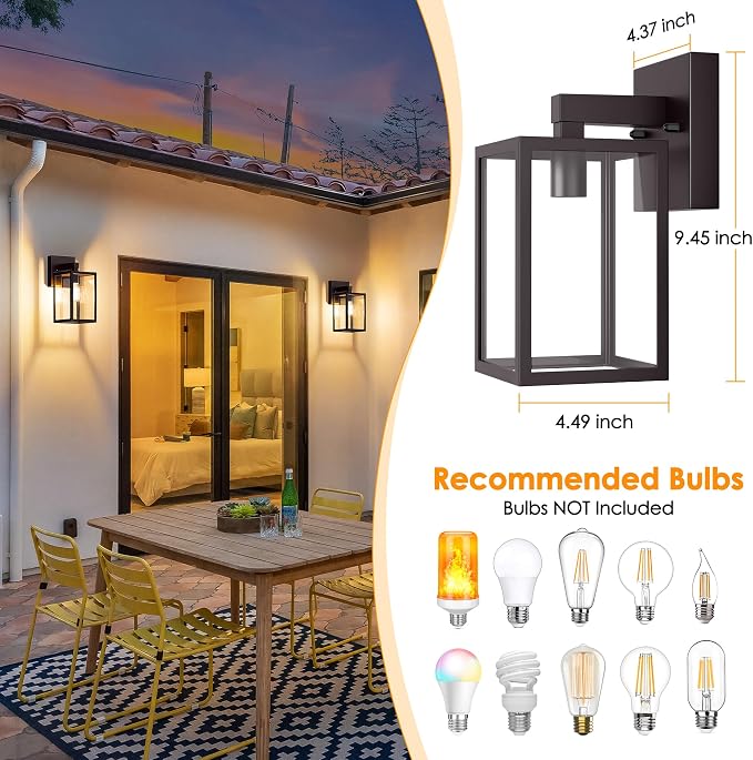 Outdoor Wall Light Fixture, Dark Chocolate Porch Lights, 2 Pack | Waterproof, Anti-Rust, E26 Socket, Exterior Wall Mount Lamps, Front Door Lighting, Outside Patio Sconce Lantern, Garage