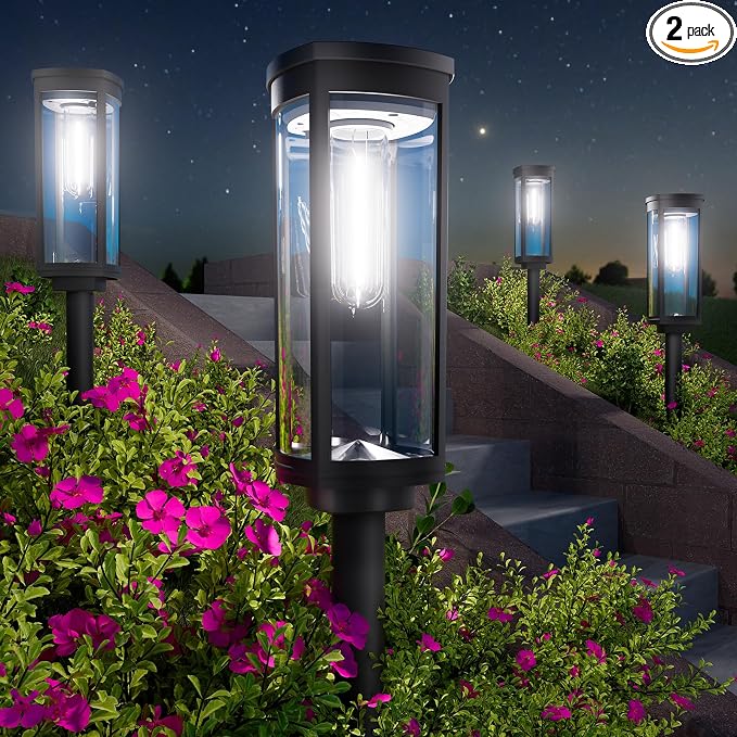 BITPOTT Bright Solar Pathway Lights, 2 Pack Solar Lights Outdoor Waterproof IP65, Auto On/Off Pathway Landscape Lighting, Outdoor Light for Yard Garden Walkway Landscape Lawn Patio Lighting